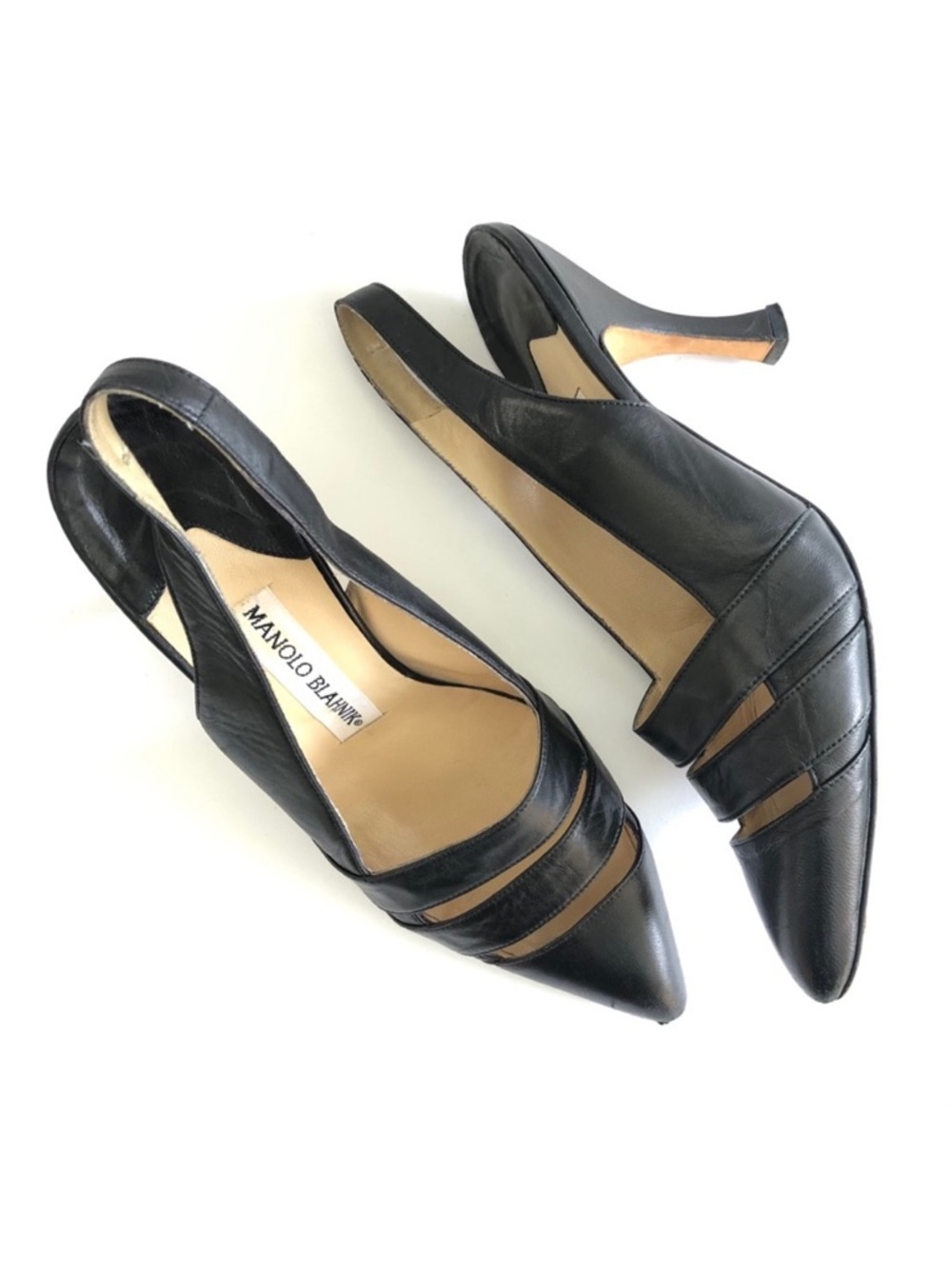 Vintage Manolo Blahnik Leather Pointed
Toe Slingback Pumps Black